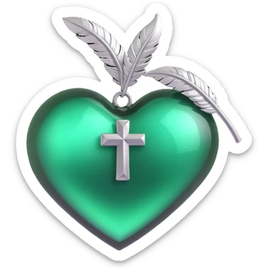 gothic heart, emerald green glass, silver cross, feather accents, lush and gothic sticker