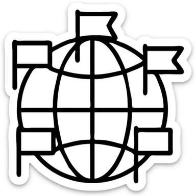 Outlined world globe with different national flags marked on the continents sticker
