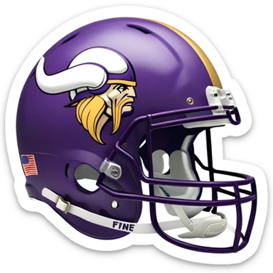 "Create an image of an American football helmet designed with the colors of the Minnesota Vikings. The helmet should feature a dark purple base (#4F2683) with gold accents (#FFC62F). Include the team's logo on the side of the helmet." sticker