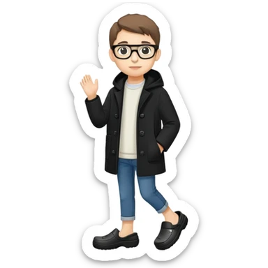 boy with glasses, short height, wearing crocs and a black coat sticker