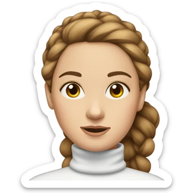White woman with brown hair in bun wearing a turtleneck that is white sticker