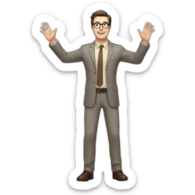 Full height Actively gesturing with hands Pale skinned fit man with dark brown hair in gray jacket, beige office shirt, brown tie, brown pants and vintage glasses. sticker
