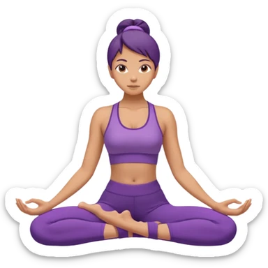 	A woman in purple yoga clothes sitting and bending forward to reach her toes, calm meditation vibe, simple white background. sticker