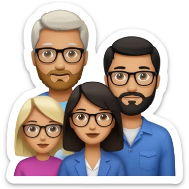 A man with hair and glasses and  a woman with long brown hair and a man with a beard and a woman with a blonde bob sticker