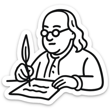 Create a minimalist black outline style illustration with no fill, matching the reference style. Depict Ben Franklin writing with a scribe onto the Declaration of Independence. The style should be suitable for a startup logo, clean and simple with hand-drawn black outlines and no color fill. sticker