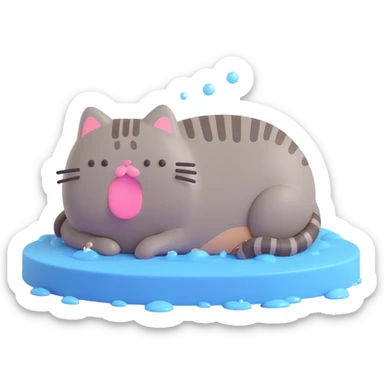 Pusheen cat lying down and crying, tears pooling beneath, 3D style sticker