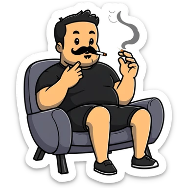 Heavy-set man leaning back in chair with legs spread, smoking cigarette, exposed belly, round face, short black hair, well-groomed beard with mustache, black t-shirt with light stripes on top portion, sleeves rolled up, black shorts, arms decorated with black graphic tattoo patterns on forearms and shoulders sticker