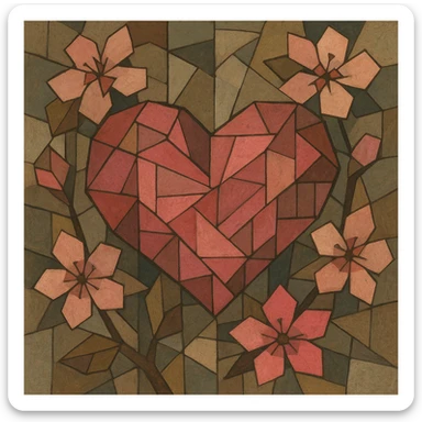 pink heart with sakura flowers, cubist abstraction style sticker