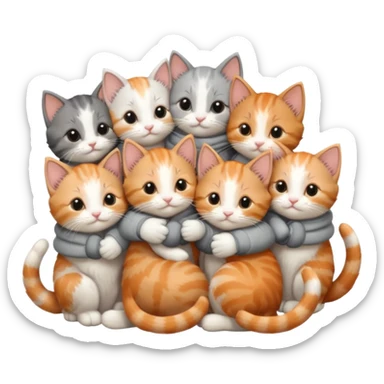 6 tiny kittens cuddling together all various different natural colours including solid grey with white mittens, grey and white, ginger and white, calico and brown and white sticker