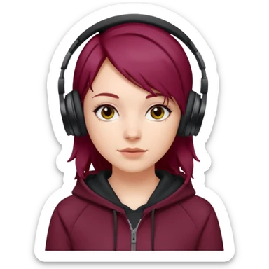white girl with burgundy hair, deportive hoodie and black headphones sticker