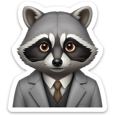 Cinematic-Noble-Raccoon-Portrait-Emoji – Poised and confident, with a sturdy build and a beautifully textured coat of silver-grey accented by dark black facial markings, deep-set, intelligent brown eyes, simplified yet sharp and sophisticated. sticker