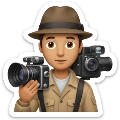 man hold  large film Camera ,on his shoulder sticker
