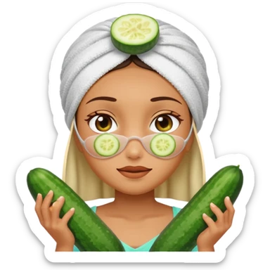 Chica con toalla en el pelo y pepinos en los ojos sticker