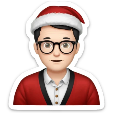 white man wearing glasses, black short hair dressed as hipster Santa in a cardigan  sticker