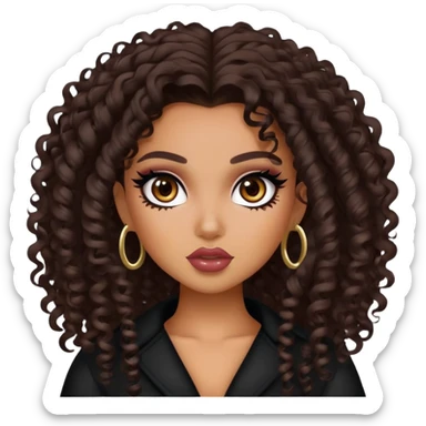 curly dark hair, dark brown eyes, pretty bratz baddie sticker