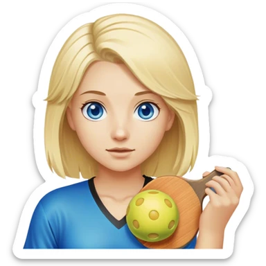Blond girl with hair parted in the middle blue eyes holding a pickleball sticker