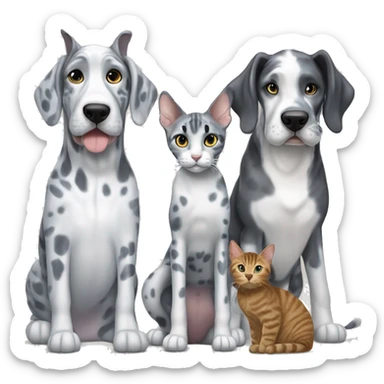 Blue Merle Great Dane next to two tabby cats and one black cat sticker
