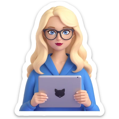 a blonde woman with long hair and blue eyes wearing black cat-eye glasses holding a graphic tablet sticker