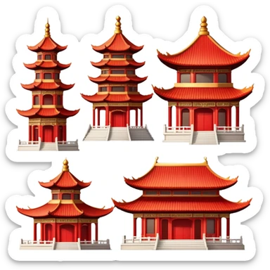 Traditional Chinese architecture with pagoda roofs, red columns, ornate details sticker