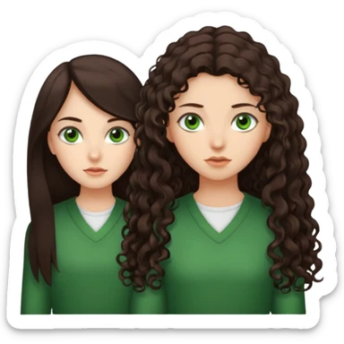 Two scornful girls, 1: long ironed straight darkbrown hair, green eyes, 2: long curly darkbrown hair, brown eyes sticker