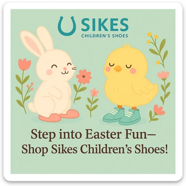 Keep the Sikes Children's Shoes logo in the same position as in the original image. Ensure the design features a pastel background, bunny and chick with shoes, floral accents, and the headline: 'Step into Easter Fun—Shop Sikes Children’s Shoes!'. No changes to logo placement. sticker