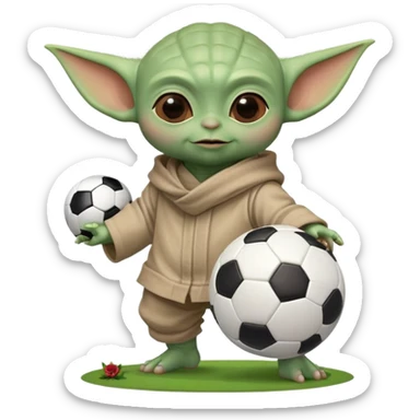baby Yoda kicking a soccer ball with small roses beside him sticker