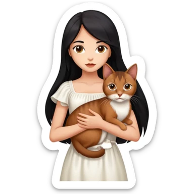 beautiful girl with long black hair wearing a white dress holding an Abyssinian cat with reddish-brown fur in her arms sticker
