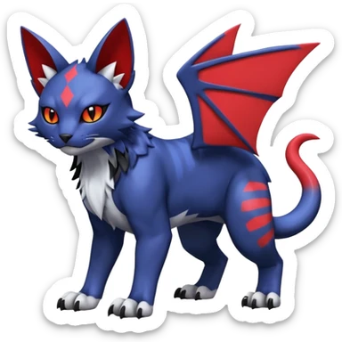 midnight blue-gray-black, with red markings, white belly, scaley scaly batty feline-like quadrupedal digitigrade furry feral Bastet-Noibat-Gatomon-Garchomp-Digimon-Fakémon-Pokémon-creature (full body) sticker