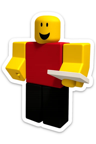 Extract only the character in a red shirt and black pants (sixth from left) from the image, place it on a transparent background, and keep the original Roblox style and appearance. sticker
