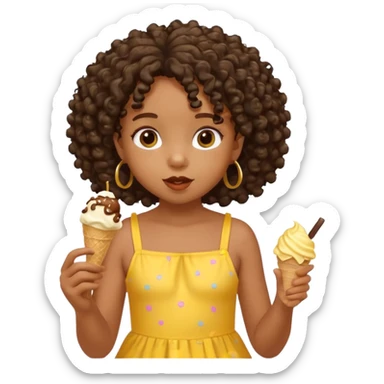 a little black girl kid with curly hair, yellow dress, eat ice cream sticker