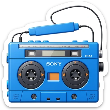 Blue Sony Walkman portable cassette player from the 1980s with headphones sticker