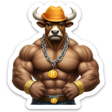 Bull ready to charge wearing bitcoin hat sticker