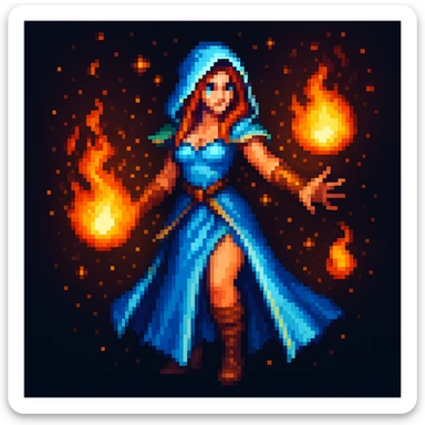 Make the sorceress cast a spell, adding magical effects like glowing energy or fireballs in the original pixel art style sticker