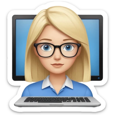 donna, occhi azzurri con occhiali, capelli medi, lisci e biondi, lavora al pc. sticker