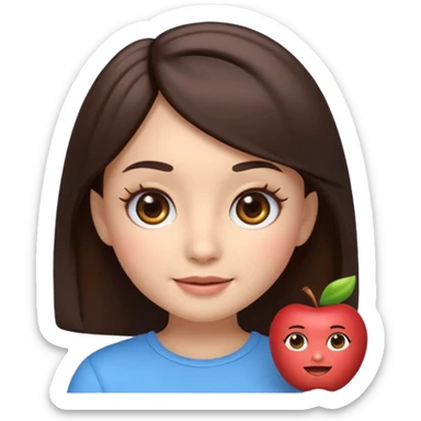 3D emoji sticker of a cute girl, Apple Memoji style, dark brown hair, brown eyes, long eyelash extensions, soft facial features, clean white background, smooth lighting, high quality, cute and friendly expression sticker