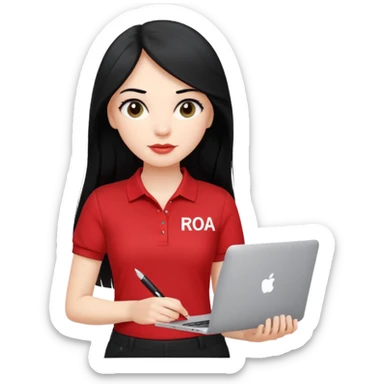 Gere um emoj estilo IOS de uma garota branca, de longos cabelos pretos vestida com um uniforme composto por uma camiseta estilo gola polo vermelha com um detalhe escrito em branco a palavra "RODA" e uma calca preta. Ela deve segurar em uma das maos um mackbook e na outra uma caneta sticker