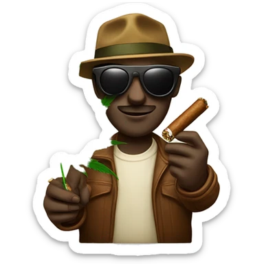 a cannabis leaf wearing shades and holding a cigar in one hand, a brownie in the other hand sticker