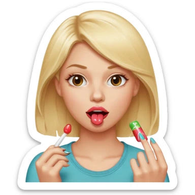 Elle fais une peu petasse, elle se mord le coin la lèvres. Elle est blonde. Ongles vernis marrons. Elle mâche un chewing-gum  sticker