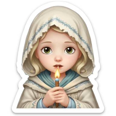 A small girl in a worn winter dress and shawl, holding a glowing matchstick close to her face, eyes wide with soft hope.
 sticker