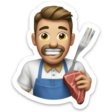 Man in an apron biting into a steak sticker
