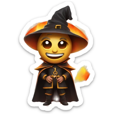 Human demonologist in a wizard costume, surrounded by a fiery halo, Halloween theme, emoji sticker