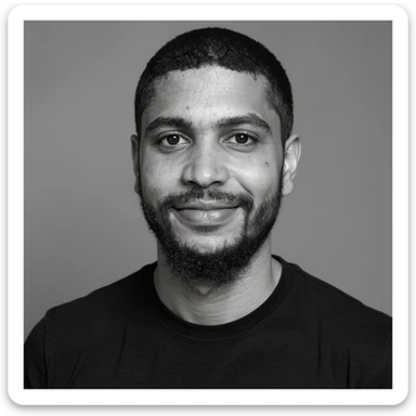 A professional portrait in monochrome. Plain black crew neck shirt. Tailored to LinkedIn. Tech boy vibe (programmer) sticker