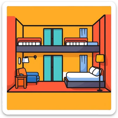 Cozy hotel room with bed and window sticker