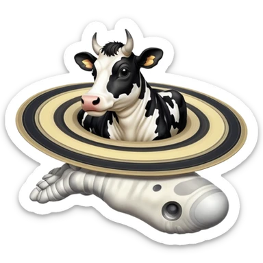 A black and white spotted cow head on top of the planet Saturn with its rings, and enormous human feet wearing shoes supporting the whole structure sticker
