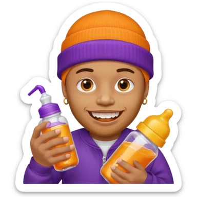 guy with orange beanie with gold teeth grillz holging a baby bottle with purple liquid sticker