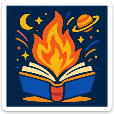 space-themed event icon with a book, fire, and cosmic elements, energetic and whimsical sticker