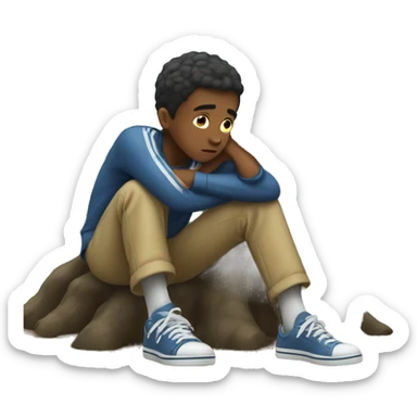 A boy who is regretting sitting under a tree sticker