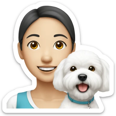 A cute and happy bichon frise with an Asian woman  sticker