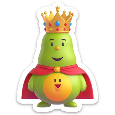 royal pear with a crown, elegant and regal, fun emoji style, wearing a cape sticker