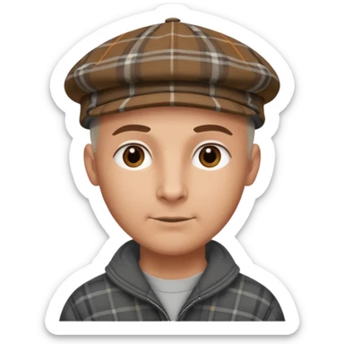a bald man wearing a grey and brown tratan flap cap looking really hopeful sticker